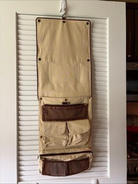 Hanging Canvas Travel Organizer in Beige with Brown Leather!